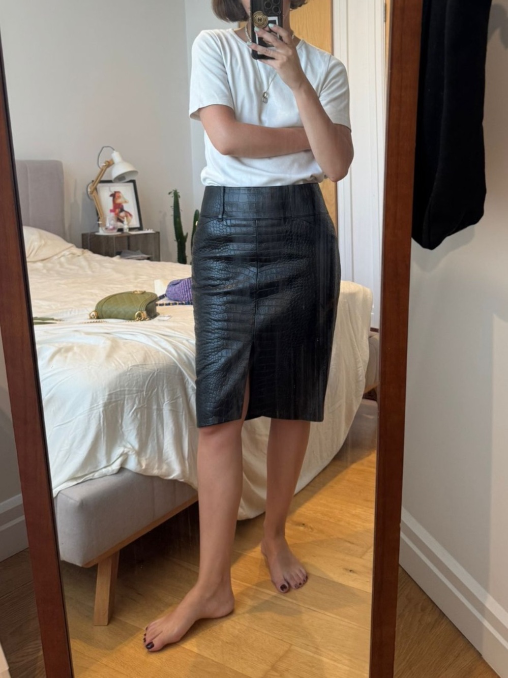 Chanel Crocodile style leather black skirt